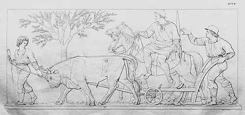 5. Pflügen mit Ochsengespann, Reiter (F V).