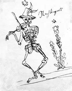 Geige spielendes Skelett, Federzeichnung von Gottfried Keller, Schreibunterlage aus seiner Berliner Zeit, etwa 1855