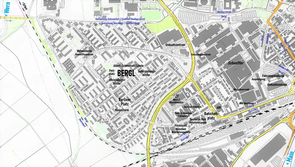 Das Bergl liegt in der Gemarkung Oberndorf. Es liegt auf einer kleinen Anhöhe zwischen dem Main im Südosten und der Wern im Nordwesten, auf der sich auch der Oberndorfer Wasserturm befindet.