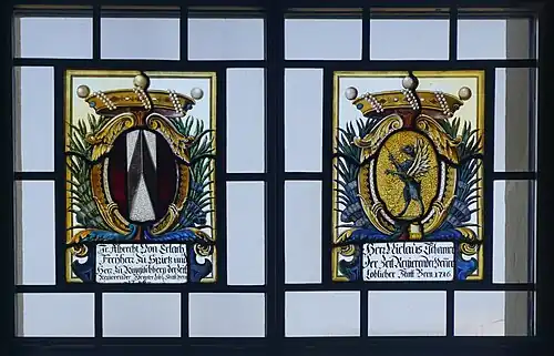 Wappen des Venners Albrecht von Erlach, 1679 bis 1685 Landvogt zu Frienisberg und das Wappen von Niklaus Tscharner, derzeitiger Venner