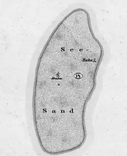 Karte von 1878, mit der ursprünglichen Bake und der 1854 nach Ostnordost versetzten Bake
