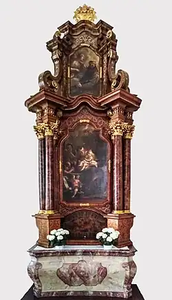 Hl. Antonius von Padua mit Jesuskind, darüber: Franziskus von Assisi erhält die Wundmale