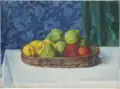 Stillleben mit einem Korb mit Äpfeln auf einem Tisch vor Vorhang und Tapete, 1909, Städel-Museum