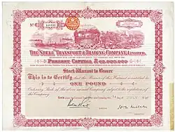 Optionsschein auf eine Stammaktie der „Shell“ Transport & Trading Company im Wert von einem £, ausgestellt am 14. Juli 1937