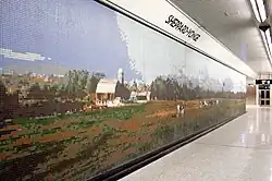 Sheppard-Yonge, Toronto: Stacey Spiegel: „Immersion Land“ (Ausschnitt, 2002) Wandmosaik aus 1,5 Millionen keramischen Bildpunkten mit Landschaften des südlichen Ontario[206]