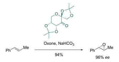 Beispiel für eine Shi-Epoxidierung mit einem Shi-Katalysator auf Basis von ᴅ-Fructose. Das Alken wird stereoselektiv und mit hohem Enantiomerenüberschuss in das Epoxid überführt