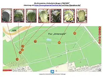 Sieben Fechenheimer Grenzsteine nördliche Grenze Kennzeichnung D bis J