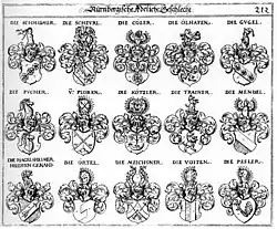 Wappen in Siebmachers Wappenbuch, Tafel 212 in Teil 1, zwischen 1701 und 1705, bei Nürnbergische Adeliche Geschlecht: (Patrizier der Reichsstadt Nürnberg)