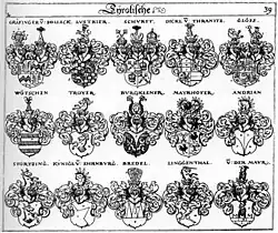 Vermehrtes Wappen vor 1560 in Siebmachers Wappenbuch, Band 2 (Anfang 18. Jahrhundert), Tafel 39, 4. Spalte, mittleres Wappen