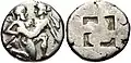 Thasischer Silber-Stater: Silen und Nymphe, etwa 435–411 v. Chr. (Le Rider: Thasiennes 6), SNG Copenhagen 209034 (21 mm, 8,57 g), dritte Silenprägung