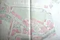 Links unten das Rennwegbollwerk, unten der Fröschengraben, links die unterirdische Abzweigung des Sihlgrabens vom Sihlkanal. Situationsplan 1860