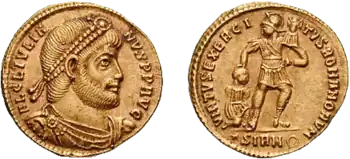 Solidus des Julian um das Jahr 361, auf der Rückseite wird die militärische Stärke des römischen Imperiums dargestellt