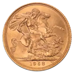 Revers eines britischen Sovereigns mit der Darstellung Georgs im Kampf mit dem Drachen (1958)