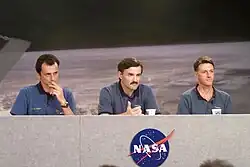 v. l. n. r. Pedro Duque, Alexander Kaleri und Michael Foale