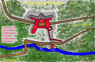 Verteidigungsplan der Straßensperre mit den Stacheldrahtverhauen