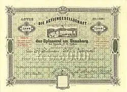 Gründeraktie der Actiengesellschaft der Spinnerei am Uznaberg über 5.000 Franken, ausgestellt am 1. Januar 1877 in Uznach, mit Unterschrift des Seidenkaufmanns Heinrich Landis als Präsident der Generalversammlung. Die einzig bekannte Aktie, die auf Stoff/Leinen gedruckt worden ist.