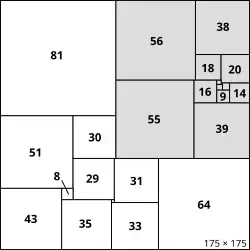 24 Quadrate, alle unterschiedlicher Größe, fügen sich lückenlos zu einem großen Quadrat zusammen; einige Quadrate bilden innerhalb des großen ein kleineres Quadrat.