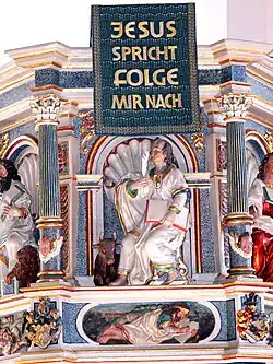 Evangelist Lukas mit Stier am Kanzelkorb