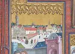 Der Rothenburger Marktplatz von 1466, Bildhintergrund einer Tafel des rechten Außenflügels des Hochaltars von St. Jakob