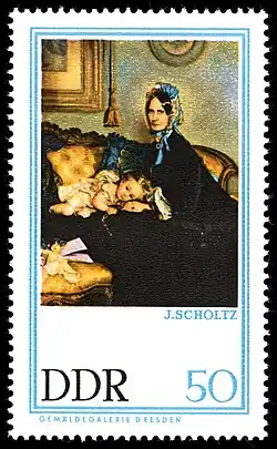 Großmutter und Enkelin (Gemälde von Julius Scholtz 1863; als 50 Pf-Sondermarke der DDR-Post 1967)