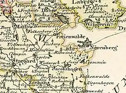 Nörenberg nahe der pommerschen Grenze zur Neumark, östlich von Stargard in Pommern, auf einer Landkarte von 1794