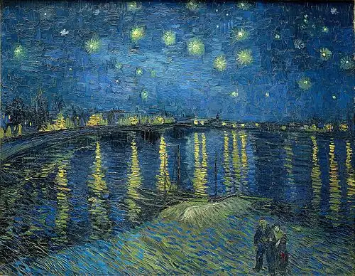 Vincent van Gogh: Sternennacht über der Rhone, 1888. Das kühle und dunkle Nachtblau dominiert flächenmäßig. Doch die vielen Lichter bilden einen starken Gegenpol, weshalb das Bild nicht düster wirkt.