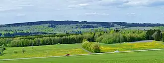 Blick vom Galgenberg über die K 34 (Stein–Hof) hinweg nordnordwestwärts zur Südseite des Stegskopfs