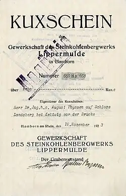Kuxschein über 10 Kuxe der Gewerkschaft des Steinkohlenbergwerks Lippermulde, ausgestellt am 10. November 1923 in Hamborn am Rhein auf Dr. ing. h.c. August Thyssen