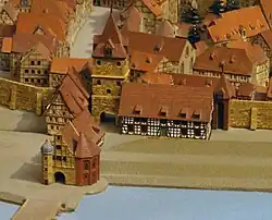 Das historische Steintor auf dem Stadtmodell Hannover von 1689 mit dem Armen- und Waisenhaus an der Schmiedestraße (weiß)