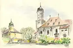 Aquarell von Schloss und Kirche in Stepperg