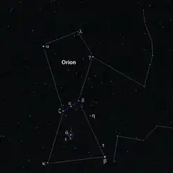 Lage des Orionnebels im Sternbild Orion, wie es mit bloßem Auge wahrgenommen werden kann (Bezeichnung der hellsten Sterne nach der Uranometria): Der Orionnebel liegt 5° südlich des mittleren der Gürtelsterne ζ, ε und δ und ist mit einem Kreis um θ Orionis gekennzeichnet.