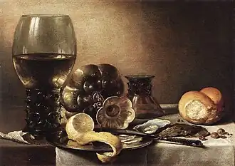 Stillleben mit Austern, Römer, Tazza, Berkemeyer und Brötchen (Pieter Claesz)