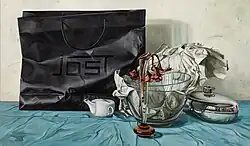 Stillleben mit Einkaufstasche – Ölgemälde