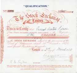 Aktie der London Stock Exchange, ausgegeben am 31. März 1920, deklariert als qualification share. Das Kapital der Börse bestand seit der Gründung aus 20.000 Aktien, die nur von ihren Mitgliedern gehalten wurden, wobei Treuhänder und Geschäftsführer verpflichtet waren 10 Qualifizierungs-Aktien zu halten.