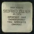 Stolperstein für Siegfried Zöllner (Volksgartenstraße 15)