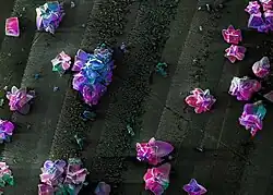 Nanokristall-Oberfläche, Elektronenmikroskop-Aufnahme, die gewachsenen Indiumoxidbereiche sind künstlich eingefärbt.