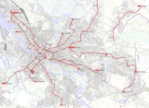 Linien- und Streckenplan der Straßenbahn (2014)