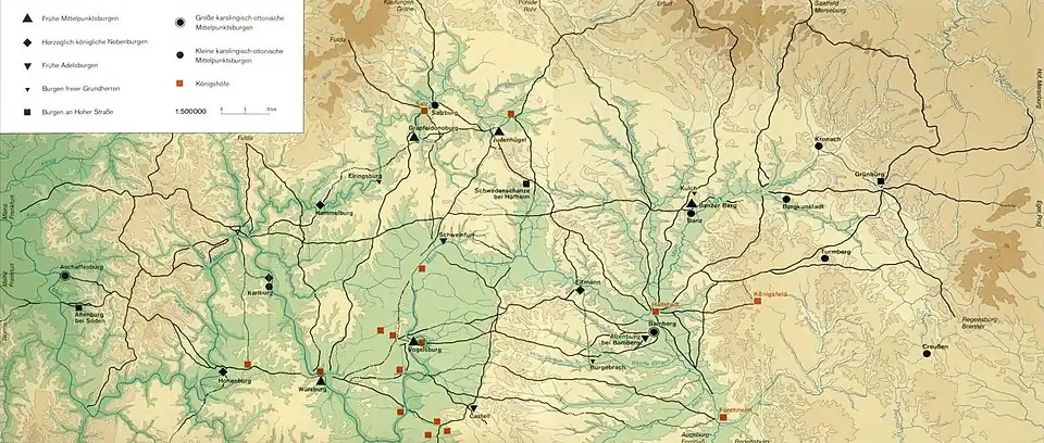 Straßenkarte Nordbayerns um 800, in der Mitte Schweinfurt