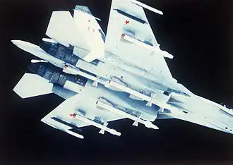 Su-27: Vier Flugkörper am Rumpf befestigt, zwischen den Triebwerken als Tandem