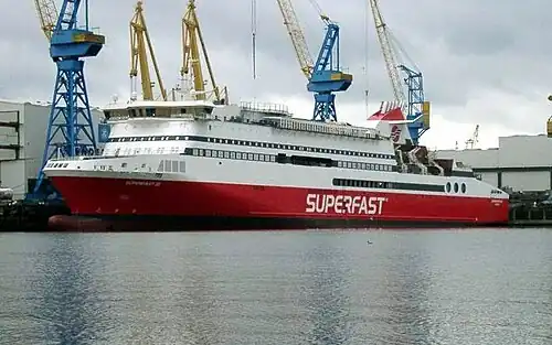 Superfast XI (2002), kurz vor ihrer Fertigstellung am Flender-Ausrüstungskai