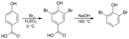 Synthese von 2,6-Dibromphenol durch Bromierung von 4-Hydroxybenzoesäure und anschließender Decarboxylierung