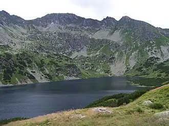 Blick von dem Tal Dolina Pięciu Stawów Polskich, Bergsee Czarny Staw Polski im Vordergrund