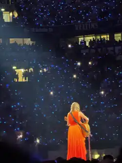 Taylor Swift steht in einem orangenen Kleid mit ihrem Rücken zur Kamera dem Publikum zugewandt. In ihrer Hand hält sie eine Gitarre.