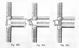 Verschiedene Wetterschutzabdeckungen für die witterungsbeanspruchte Deckenbalkenzone des Technischen Fachwerks: Fig. 167 vorgenageltes Schutzbrett; Fig. 168 Deckbrett mit Füllholz; Fig. 169 Deckbrett auf Balkenkopf und zusätzlich abgeschrägter Formziegel (Franz Stade, 1904[15])