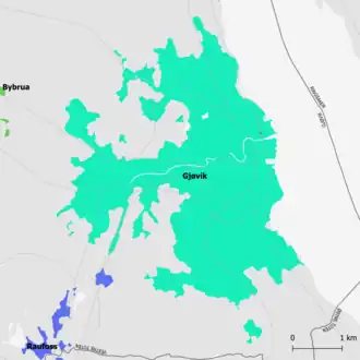 Karte der damaligen Tettsteder Gjøvik und Raufoss (Stand: 2022)