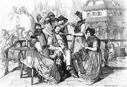 Auf einer Terrasse sitzt ein junger Mann lässig auf einem Stuhl. Die Beine sind überschlagen, die Hände ruhen in seinen Hosentaschen. Sechs Frauen in Trachten umringen ihn und tun ihm unterschiedliche Gefallen: Sie bieten ihm Speis, Trank oder Rauchware an oder helfen ihm, seine Kleidung in Ordnung zu bringen. Auf dem Boden sitzt zudem ein Hund, der seine Schnauze auf dem Oberschenkel des Mannes abstützt. Im Hintergrund sind ein Landhaus, ein Turm sowie ein fahrender, mit Personen besetzter Heuwagen zu sehen.