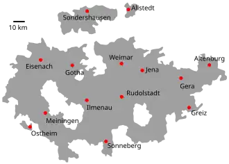 Karte des Landes Thüringen (1920), noch ohne Erfurt und Schmalkalden