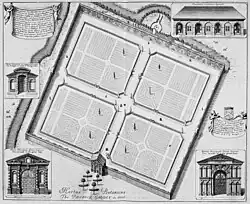 Stich des Botanischen Gartens in Oxford aus dem Jahr 1675; dargestellt ist der quadratische Grundriss mit Beeteinteilung und Ansichten der Torbauten
