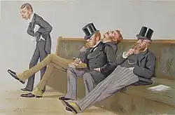 Vanity Fair-Karikatur der „Fourth Party“: Das Bild zeigt die 4 Mitglieder der Fourth Party im Unterhaus. Links stehend Randolph Churchill, dann sitzend Balfour. Er lehnt sich nach hinten und schaut gelangweilt nach oben. Rechts daneben Drummond Wolfe, der aufrecht sitzt, ein Buch auf dem rechten Bein hat mit einem Notizblock darauf und einem Stift. Ganz rechts sitzt John Eldon Gorst, er sitzt angelehnt in ähnlicher Haltung wie Balfour, hat die linke Hand in der Tasche und sieht distanziert bis gelangweilt aus. Alles vier tragen einen Anzug, Drummond Wolfe und John Eldon Gorst auch einen Zylinder.