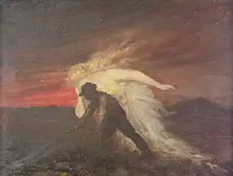 Symbolistisches Gemälde, das einen Mann beim Pflügen darstellt, während eine leuchtende, spirituelle Figur über ihm schwebt.